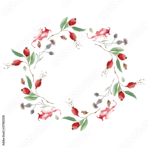 Wallpaper Mural Hand painted watercolor wreath. Autumn leaves and flowers, rose hips. Can be used for floral poster, invitation. Background design for decorative cards or invitations. Torontodigital.ca