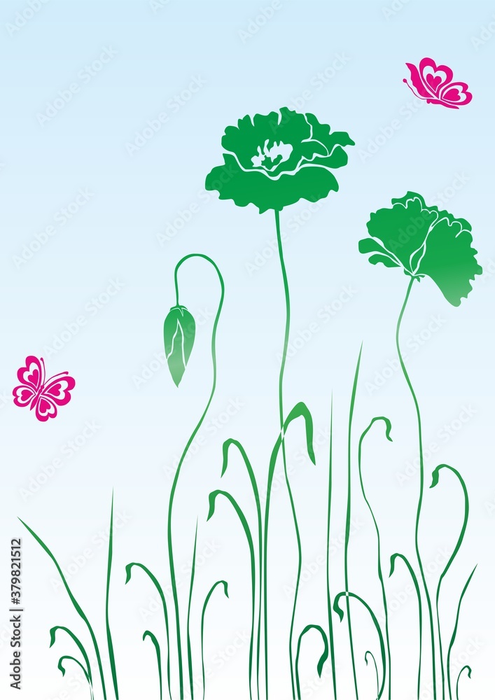 Beautiful large flowers and fluttering butterflies., vector drawing of flowers and butterflies
