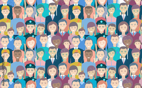 People seamless pattern. Man, woman, youth, seniors, police, doctor, courier, businessman, business, cop, peace. The civilian population is smiling. Happy faces of different races and ages. Vector