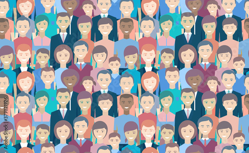 People seamless pattern. Man, woman, youth, seniors, children. Businessman, businesswoman. The civilian population is smiling. Happy faces of different races and ages. No discrimination. Vector.