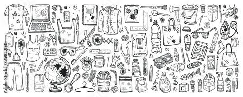 Set with hand drawn garbage. Plastic pollution collection. Vector banner. May use as a coloring page