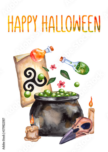 Watercolor Halloween card  witch s cauldron  a spell scroll  raven skull  magic potions  candles  witchcraft  potion-making. Stock hand-drawn illustration isolated on a white background.