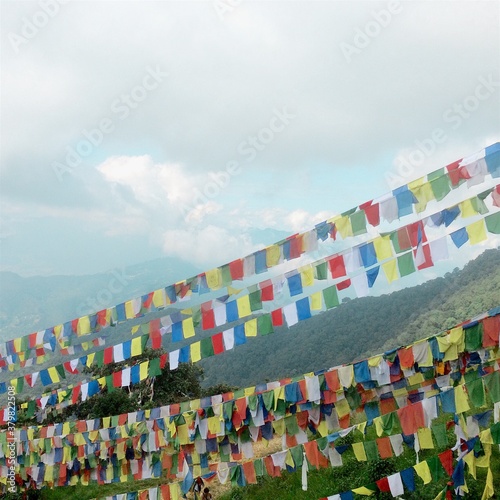 Prayers flags atop a hill. photo
