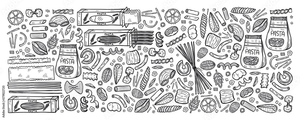 Hand drawn set with different types of pasta. Vector food illustration. May use as a coloring page
