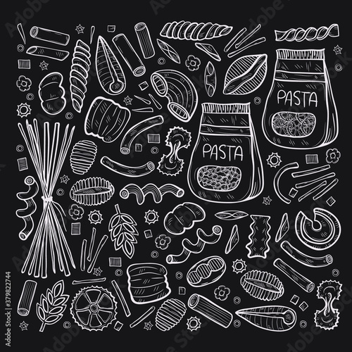 Hand drawn set with different types of pasta. Vector food illustration. 