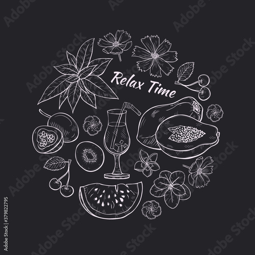 Round composition with cute hand drawn fruit and flower icons. Vector Relax Time illustration.