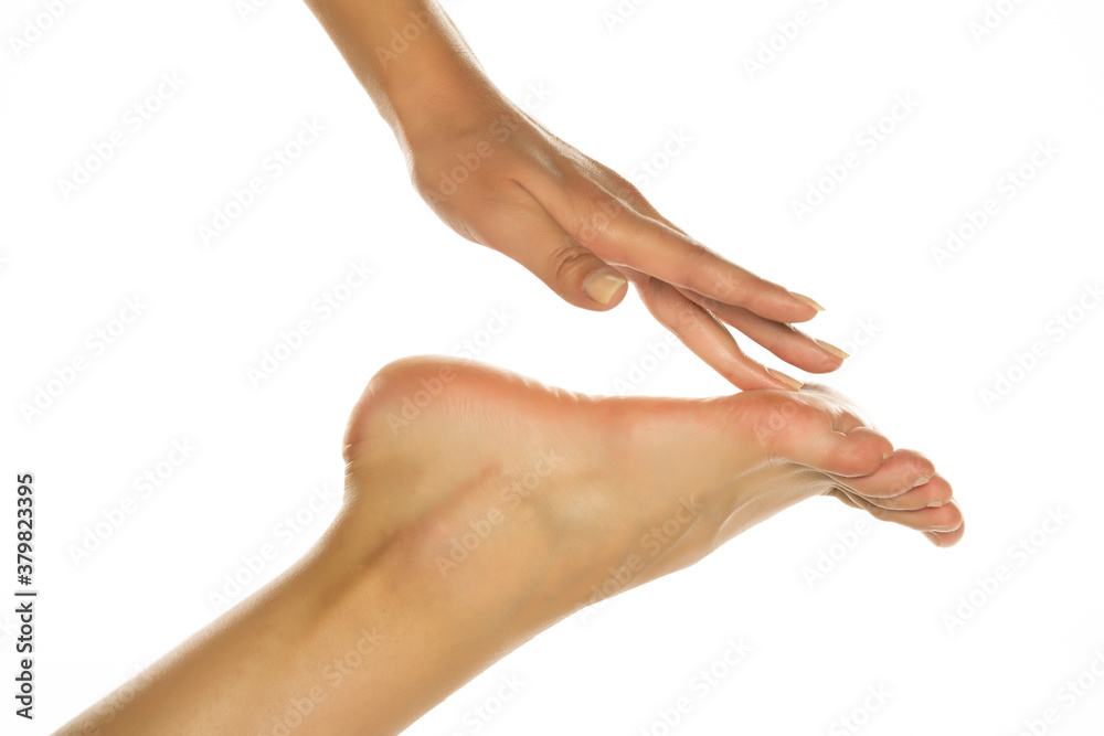 Woman foot and hand, isolated on white.