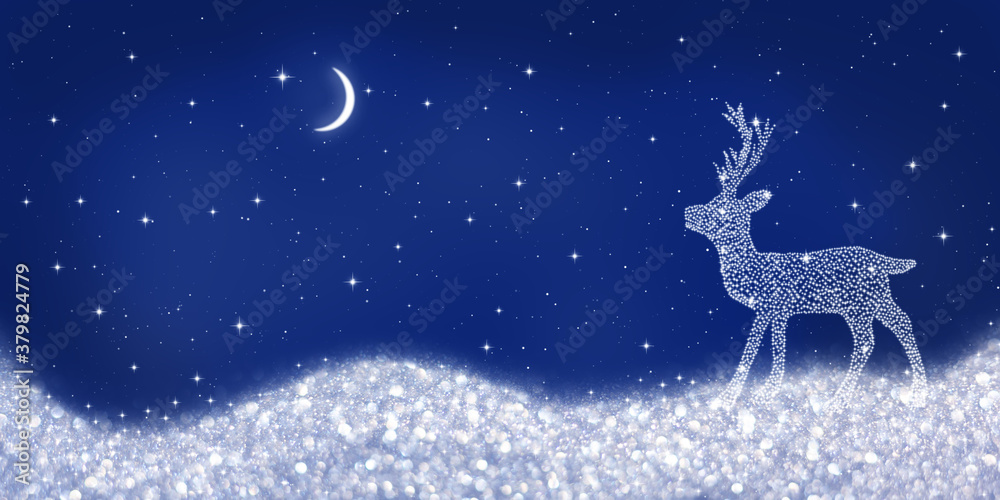 Silhouette of a Christmas magic deer made of stars. Christmas card.