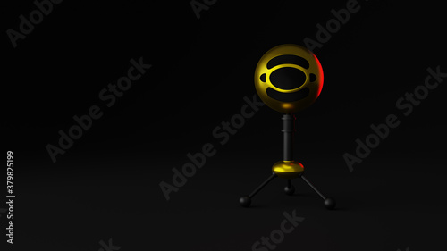 Side view 3d rendering of a stylish golden table mic with black plastic legs placed on a black background with red rim lighting