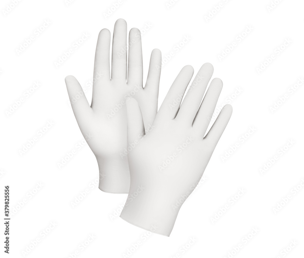 Medical gloves.Two white surgical gloves isolated on white background with hands. Rubber glove manufacturing, human hand is wearing a latex glove. Doctor or nurse putting on protective gloves Medical gloves.Two white surgical gloves isolated on white background with hands. Rubber glove manufacturing, human hand is wearing a latex glove. Doctor or nurse putting on protective gloves