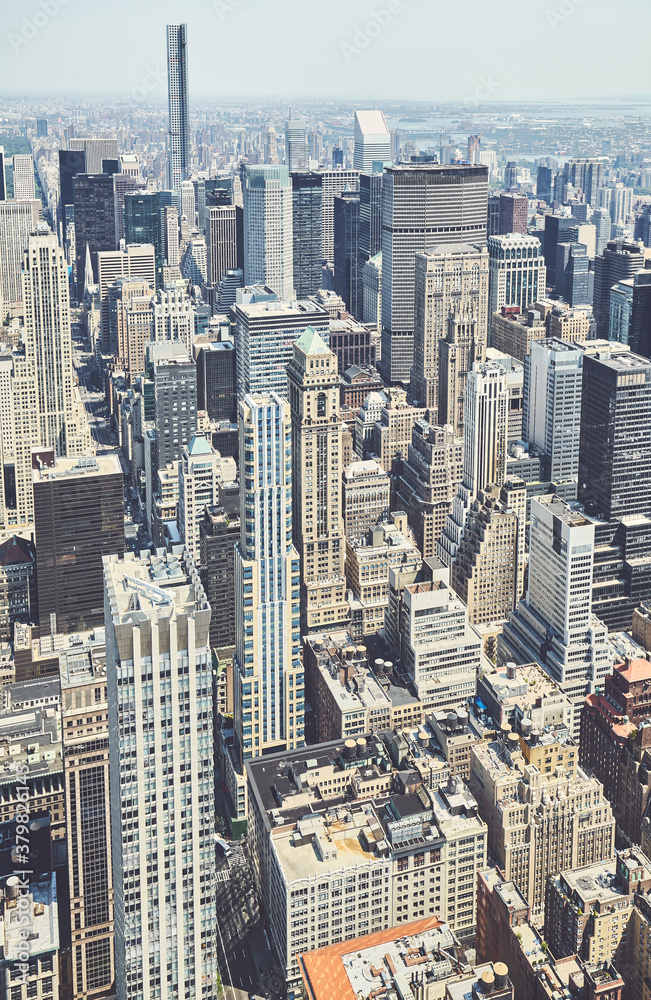 Retro toned aerial view of Manhattan, New York City, USA.