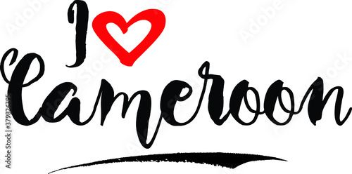 I Love Cameroon Handwritten calligraphy White Color Text On Grey Background