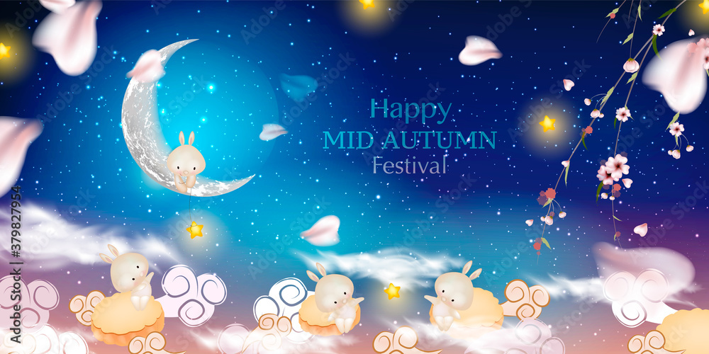 Happy Mid autumn festival. Rabbits on night background. 