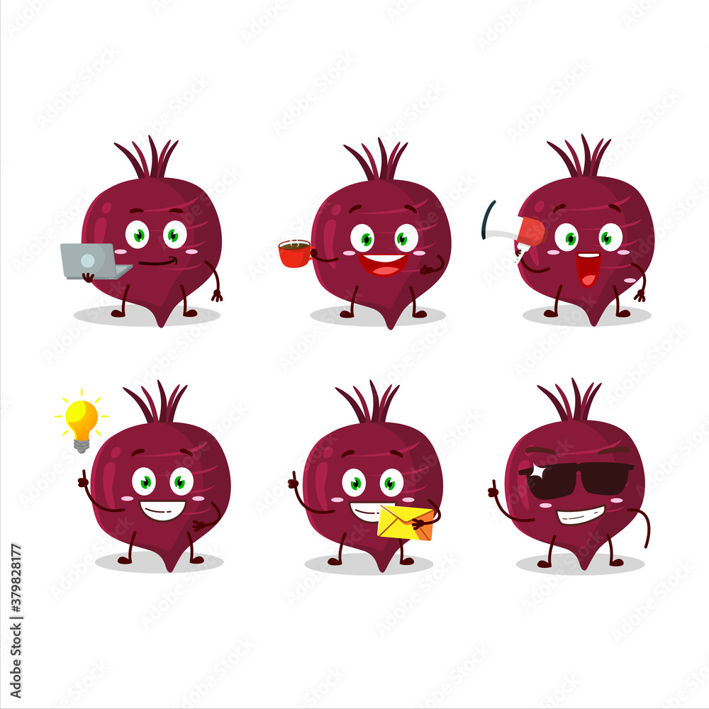 Beet root cartoon character with various types of business emoticons