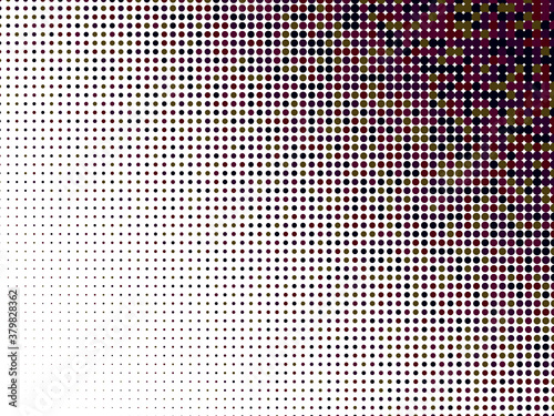 Colorful halftone dots. Rainbow and black geometric gradient for pop art designs. Geometric vintage monochrome fade wallpaper. Pop art print. Dotted geometric retro pattern. Comic halftone background.