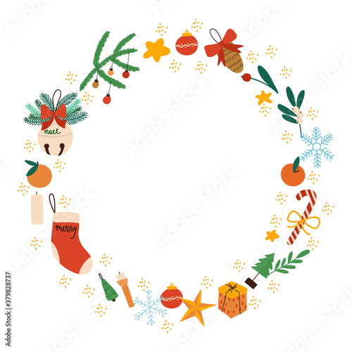 Vector christmas wreath on white background with decorative elements. Design for greeting cards  banners  flyers. Hand drawn illustation.