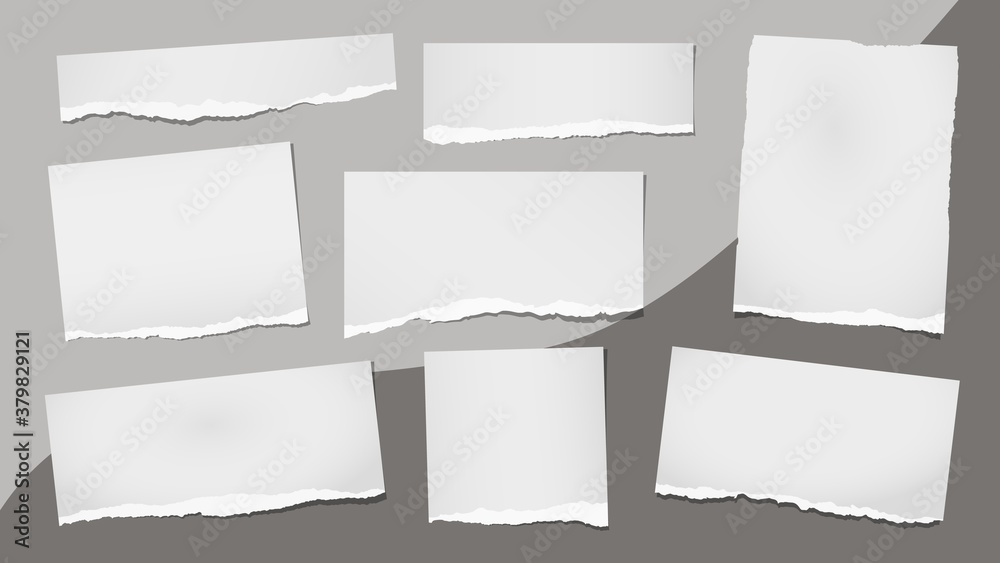 Torn of white note, notebook paper strips and pieces stuck on grey background. Vector illustration