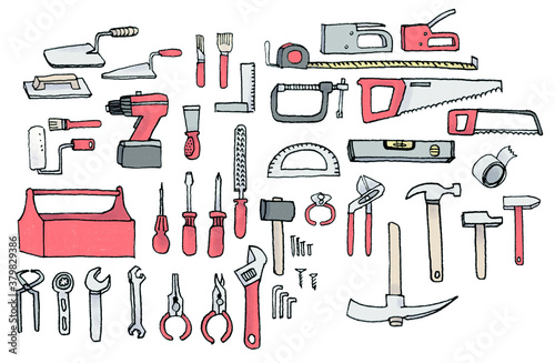set of colored drawings on the theme : tools