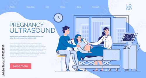 Website banner maternal health perinatal period. Pregnant wife with her husband consultation. Ultrasound fetus. Doctor shows child on the monitor screen tells parents-to-be about his development.