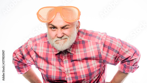 Eyes health. Optics store. Eyes care. Ageing and eyesight. Diagnostics eyes disease age changes. Carefree emotional pensioner concept. Man senior bearded hipster wear striped sunglasses. Having fun