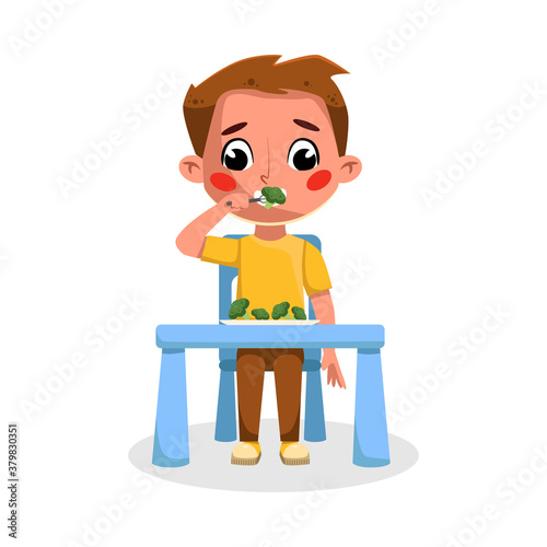Cute Boy Eating Healthy Food, Good Kids Behavior and Habits Cartoon Style Vector Illustration