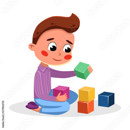 Cute Adorable Little Boy Playing with Colorful Toy Blocks, Kids Good Behavior Cartoon Style Vector Illustration © topvectors