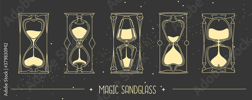 Modern magic witchcraft card with set of different hourglass. Vector illustration