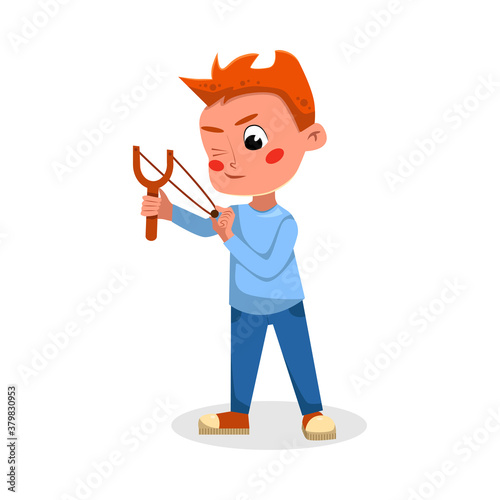 Bully Boy Shooting with Slingshot, Naughty Hoodlum Kid Character Cartoon Style Vector Illustration