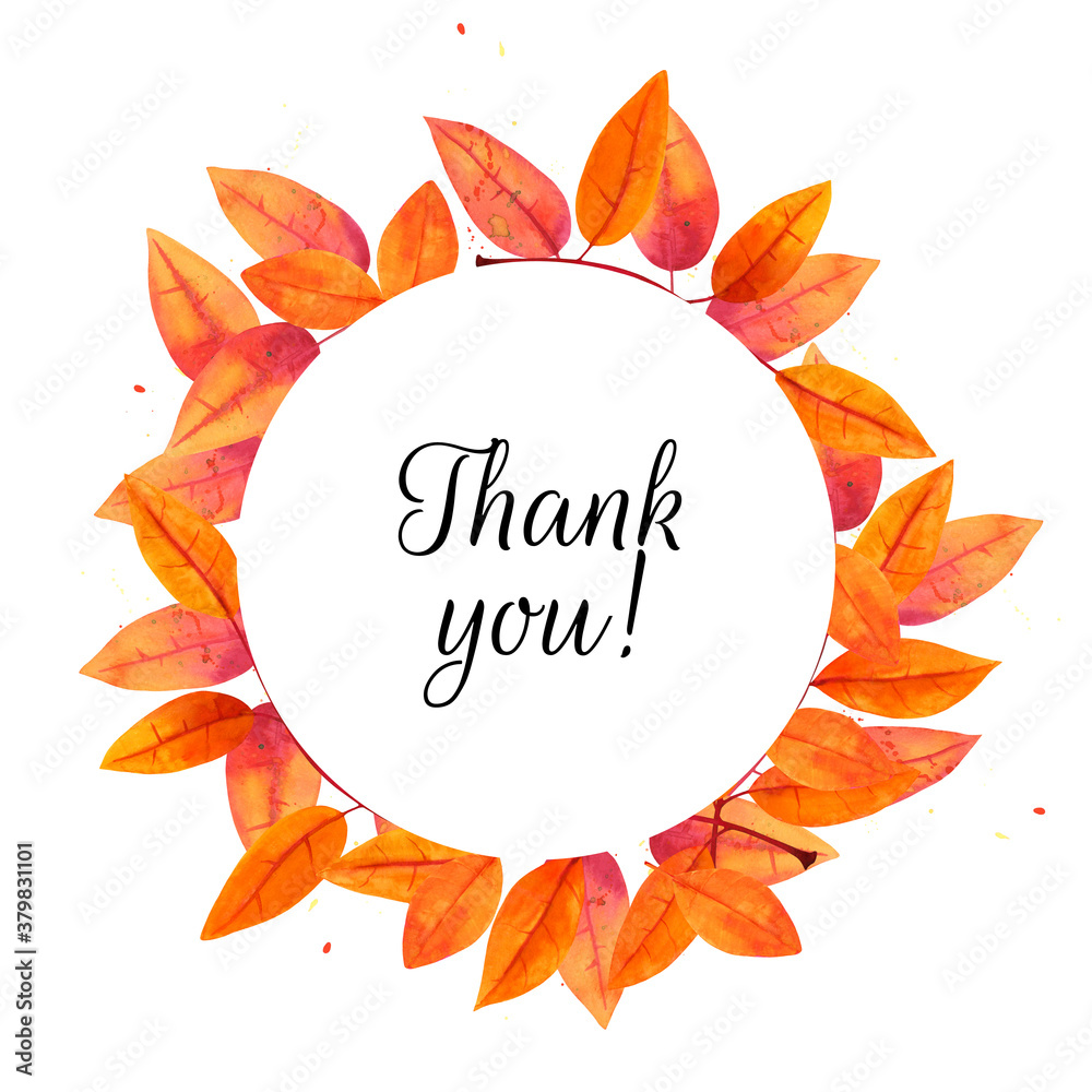 Thank You watercolor autumn wreath on a white background, with vibrant fall leaves, elegant design