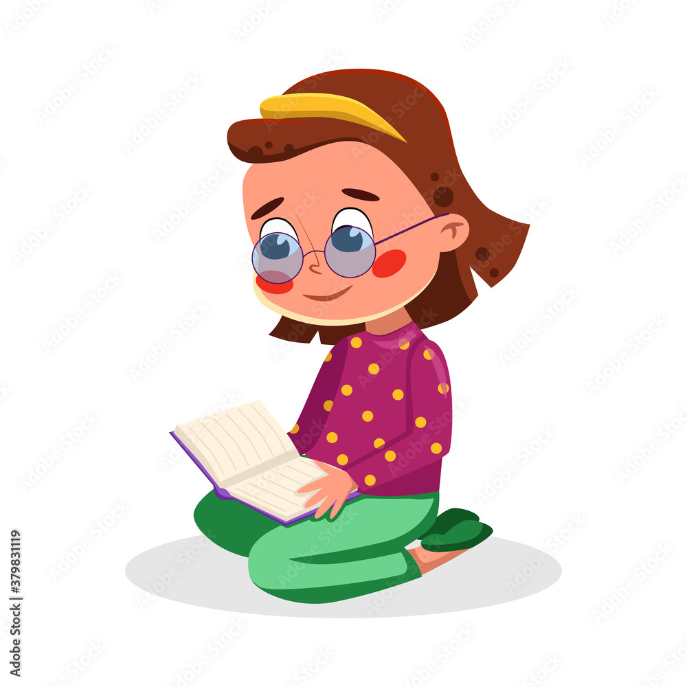 Cute Girl Sitting on Floor and Reading Book, Kids Good Behavior Cartoon Style Vector Illustration Cute Girl Sitting on Floor and Reading Book, Kids Good Behavior Cartoon Style Vector Illustration