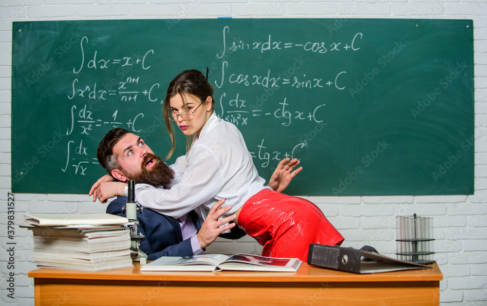 1000px x 628px - Sex education. Teacher student flirting. Sexual provocation. Provoke sexual  desire. Resist temptation. Initiative girl. Harassment at work. Seductive  girl cuddle man. Sexual temptation at workplace Stock Photo | Adobe Stock