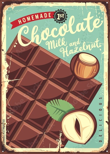 Chocolate with milk and hazelnut vintage metal sign on rusty background. Retro decoration poster for candy shop. Vector image.