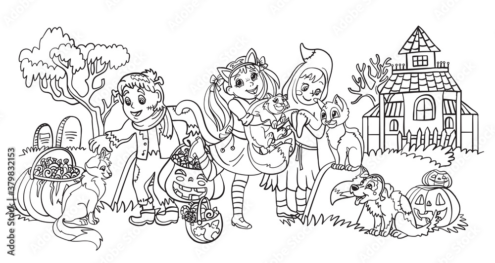 Vector coloring cartoon illustration children celebrating Halloween.