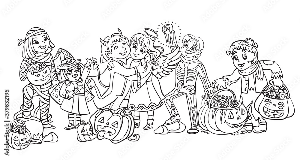 Vector cartoon halloween illustration children in costumes