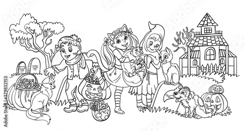 Vector coloring cartoon illustration children celebrating Halloween.