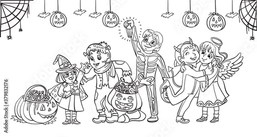 Vector cartoon halloween illustration children in costumes