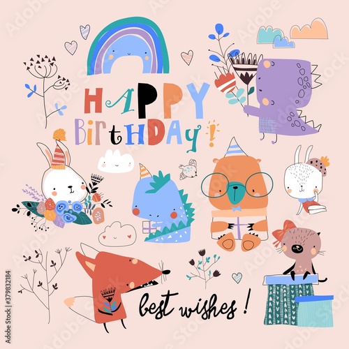 Birthday set with cute animals celebrating holiday