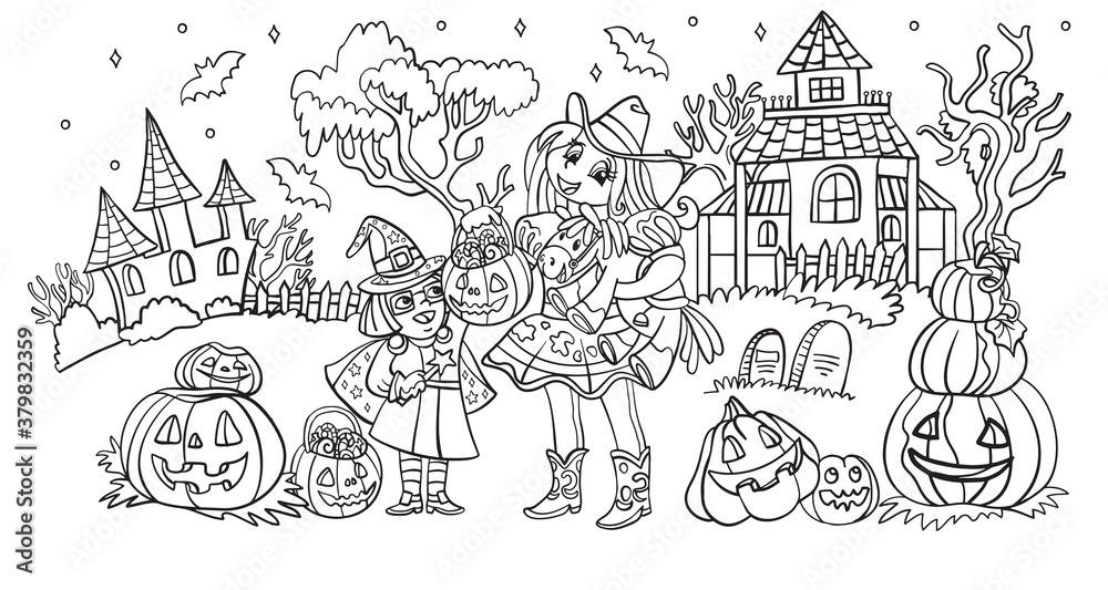 Vector cartoon halloween illustration sisters in costumes