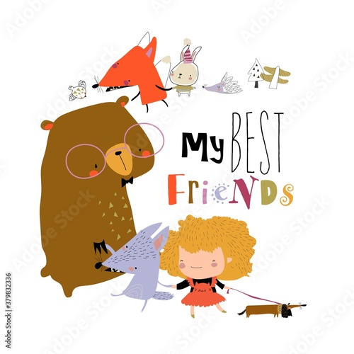 Cute cartoon girl with happy animals. Best friends