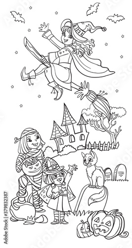 Vector cartoon halloween illustration mummy and witch