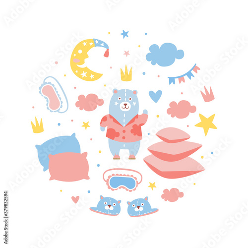 Slumber Party Banner Template, Childish Holiday Invitation Card Design with Party Symbols of Round Shape Cartoon Vector Illustration