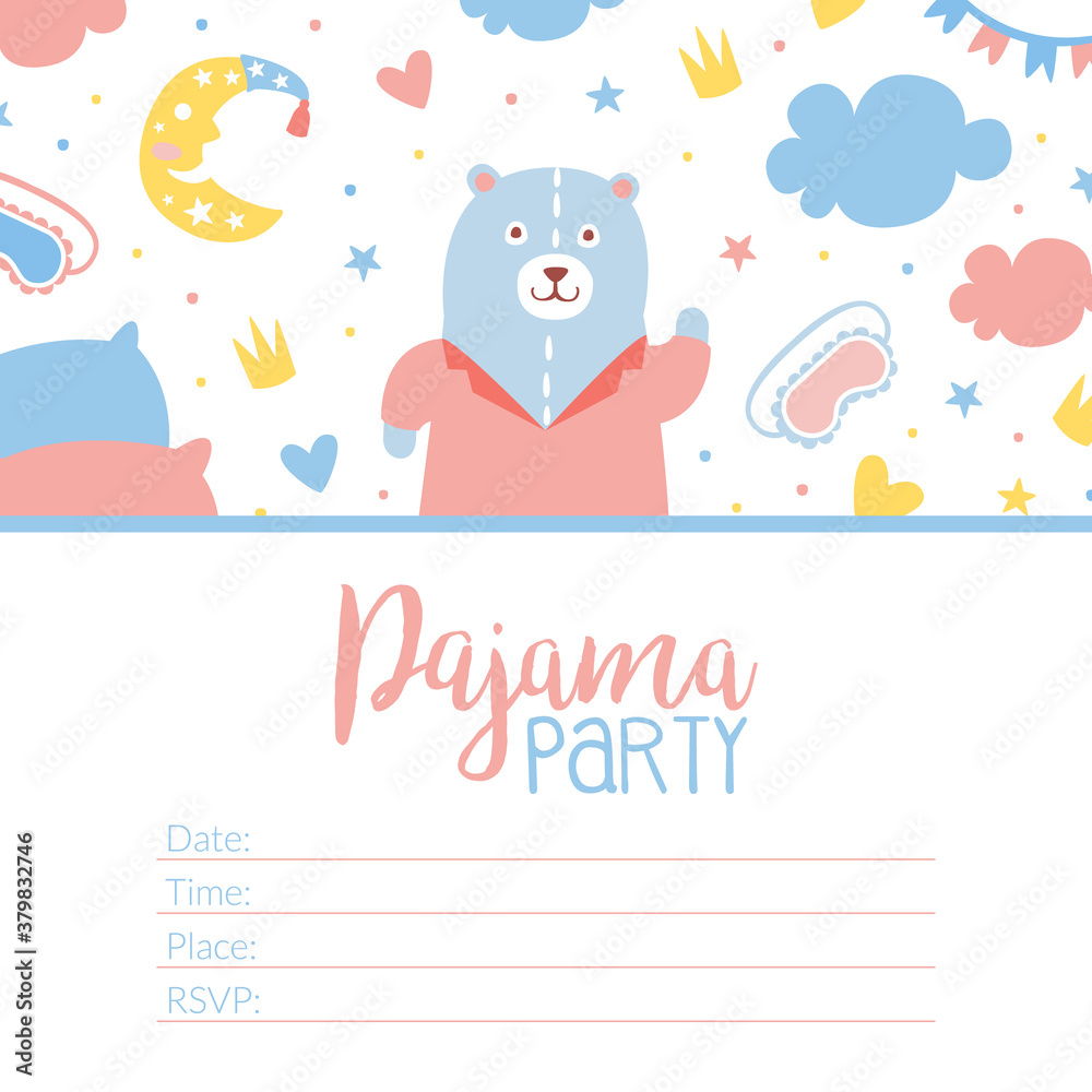 Pajama Party Invitation Card Template, Childish Slumber Pyjama Overnight Sleepover Card Cartoon Vector Illustration