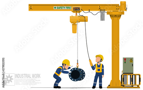 Two workers are operating jib crane on white background