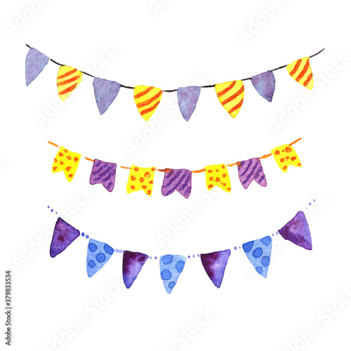 illustration watercolor set of garland, triangular flags on a rope of purple and yellow colors. children's print. for design, cards, albums, decoration, holidays