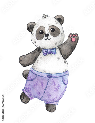 watercolor illustration of a cute panda boy waving his paw. with a bow tie and purple pants. children's print. for design, cards, albums, decoration