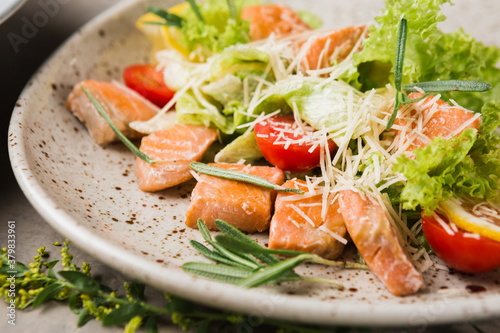 green salad with salmon pieces