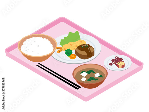 日本の社員食堂の給食（ハンバーグ＆エビフライ）