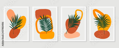 Botanical wall art vector set. Foliage line art drawing with abstract shape.  Abstract Plant Art design for print, cover, wallpaper, Minimal and  natural wall art. Vector illustration.