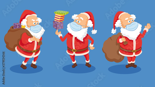 Dessin Père Noël portant un masque masque chirurgical pour se proteger du coronavirus covid. Lot de 3 positions. Vectoriel