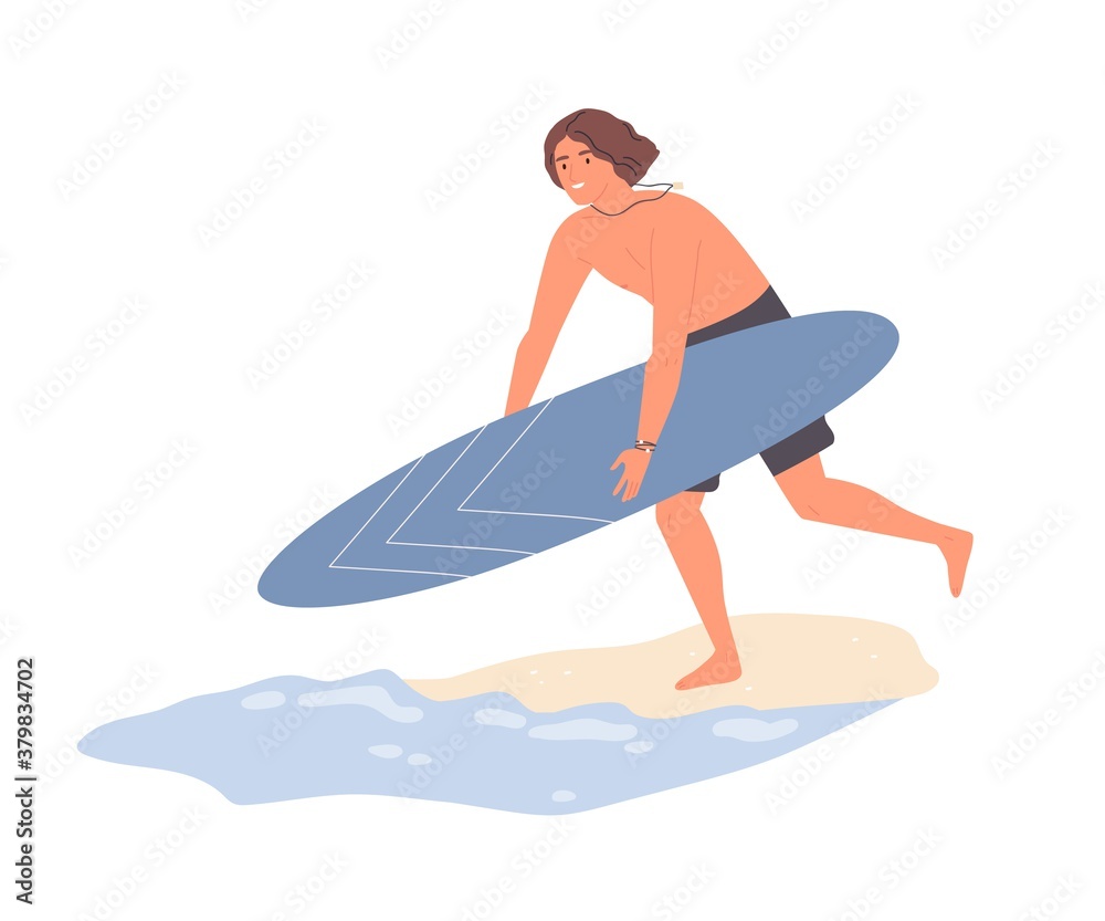 Guy running to water from sand beach carrying surfboard vector flat illustration. Smiling surfer man practicing seasonal extreme sports and active lifestyle isolated on white. Male enjoying vacation